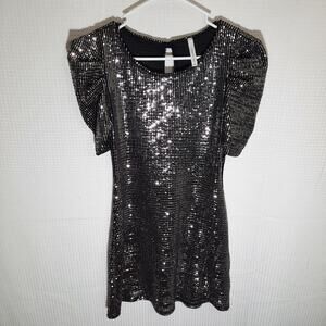 Chocolate USA M Black Sequin Dress Puff Sleeve Ribbed Lining Sparkle Party NYE